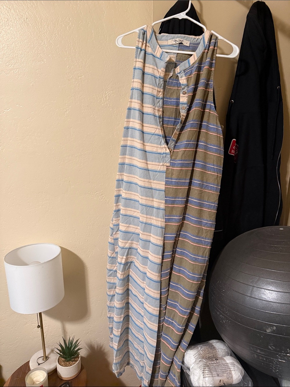Three Bird Nest Striped wide leg oversized romper  in Blue and Beige
